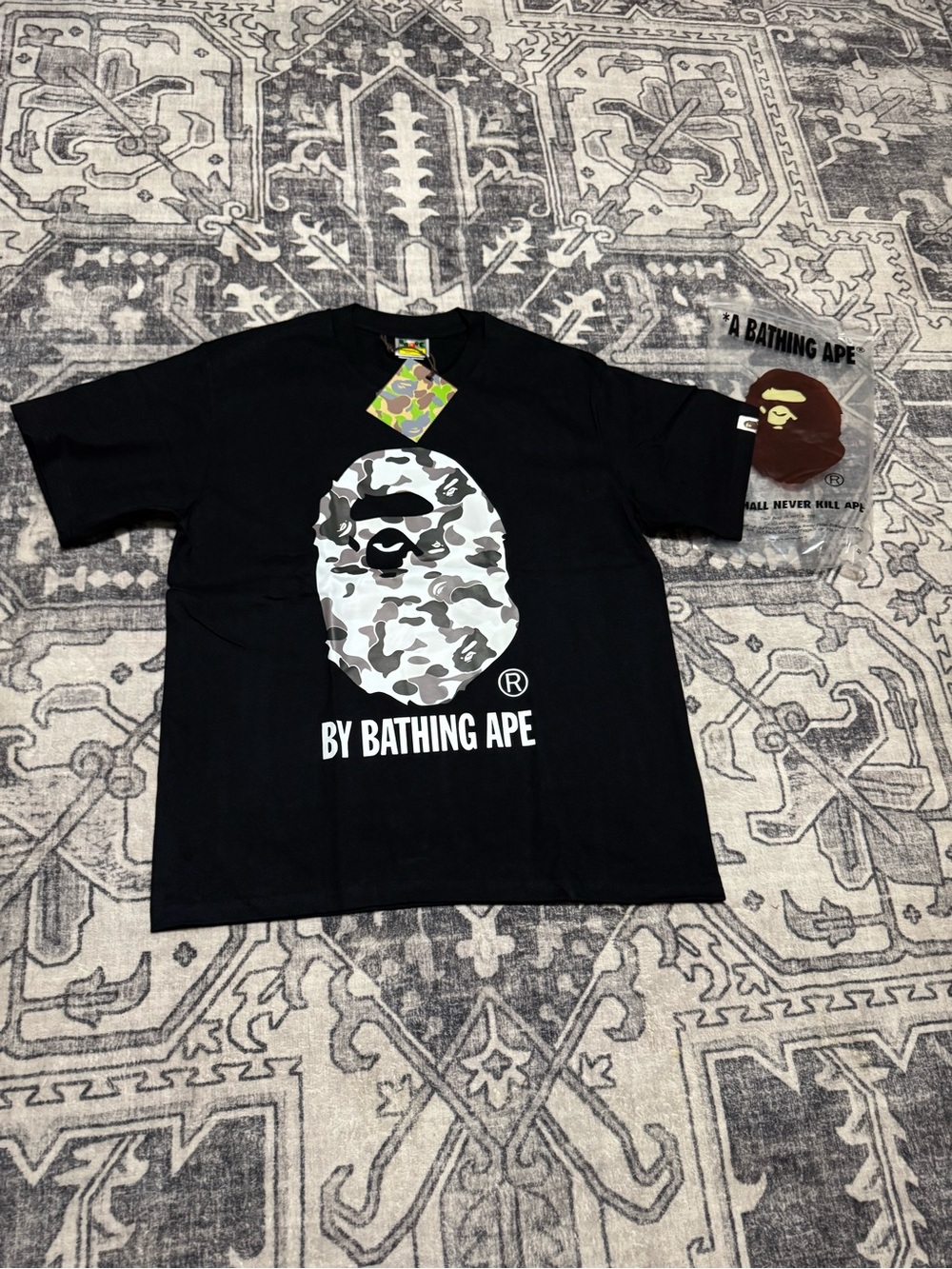 Bape Black T-Shirt with White & Gray Camo Ape Logo